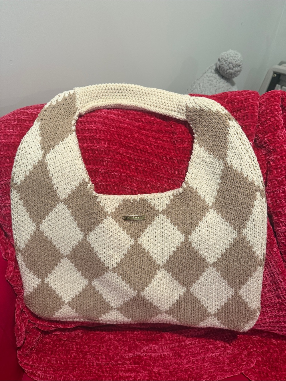 Kopari Beige & Cream Argyle Knit Shoulder Bag